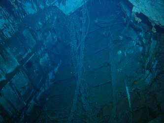 Looking into inverted bow section. Note chain cable visible